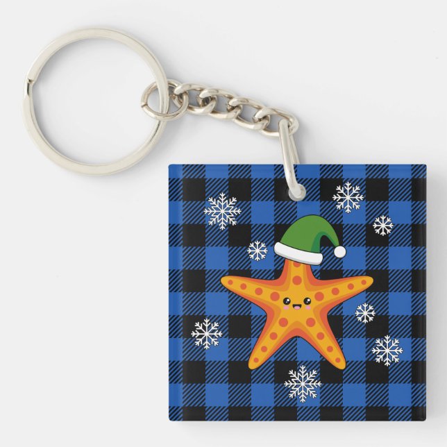 Llavero Kawaii Navidad Starfish en patrón de búfalo azul (Frente)