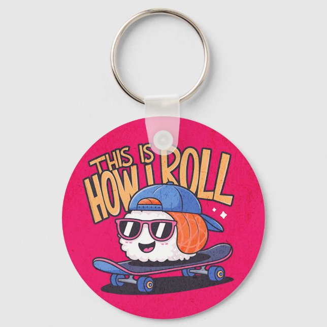 Llavero Kawaii Sushi divertido en patineta (Anverso)