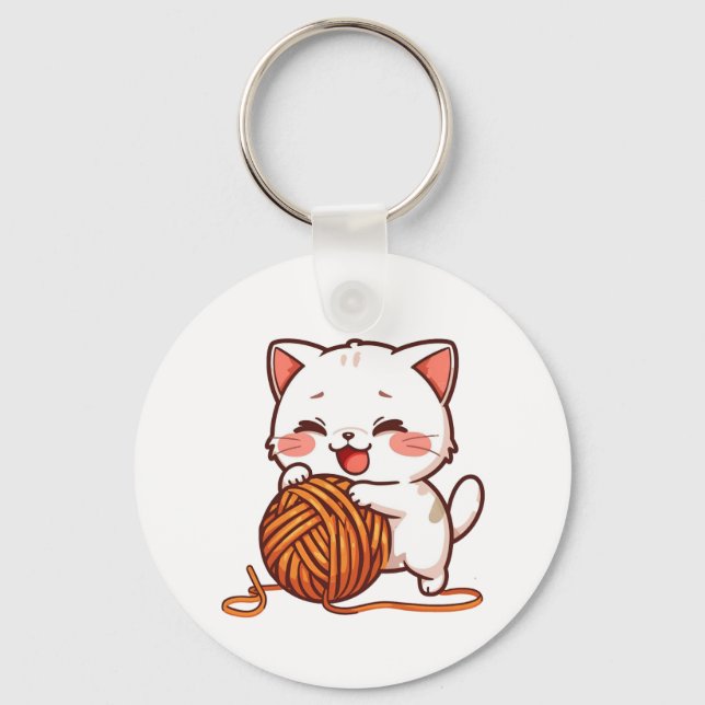 Llavero Kawaii White Kitten with Woolen Ball Keychain (Anverso)
