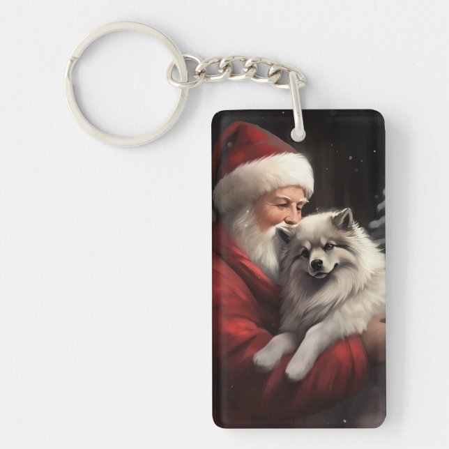 Llavero Keeshond Con Navidades festivos de Santa Claus (Frente)