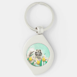 Llavero Keeshond en tulipanes pintando arte original del p