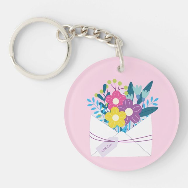 Llavero Keychain acrílico con flores sobre fondo rosa (Frente)