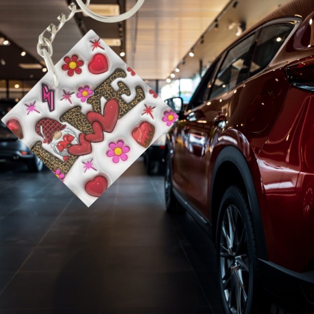 Llavero Keychain acrílico de "Amor dulce" (Sweet Love Keychain
A whimsical gnome, ensconced in a heart and surrounded by vibrant leopard print.)