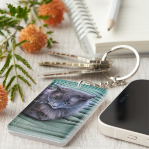 Llavero Keychain acrílico de gato verde gris