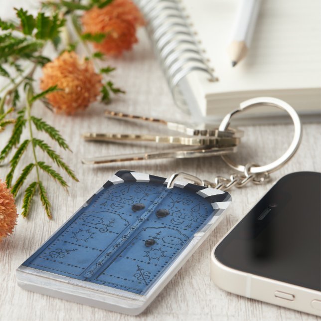 Llavero Keychain acrílico de la puerta azul (Frente Derecha)