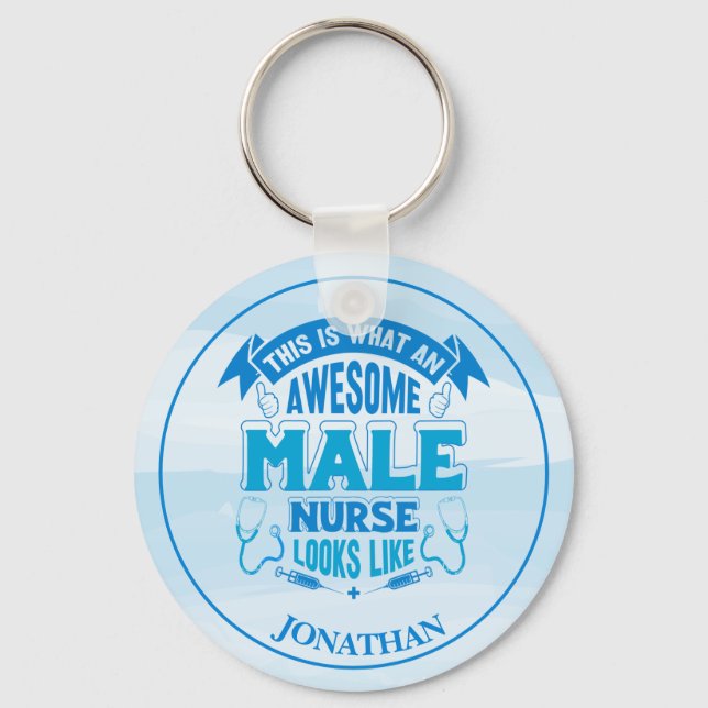 Llavero Keychain azul de enfermera masculina divertida (Anverso)