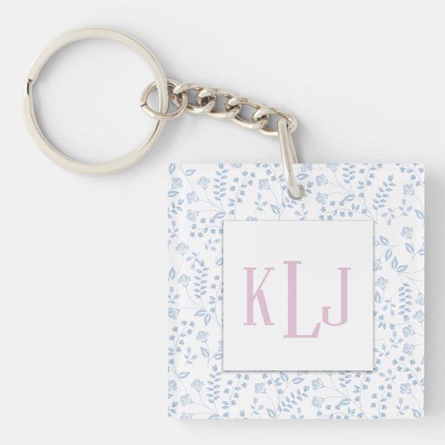 Llavero Keychain Blue Floral Photo Square (doble cara) (Frente)