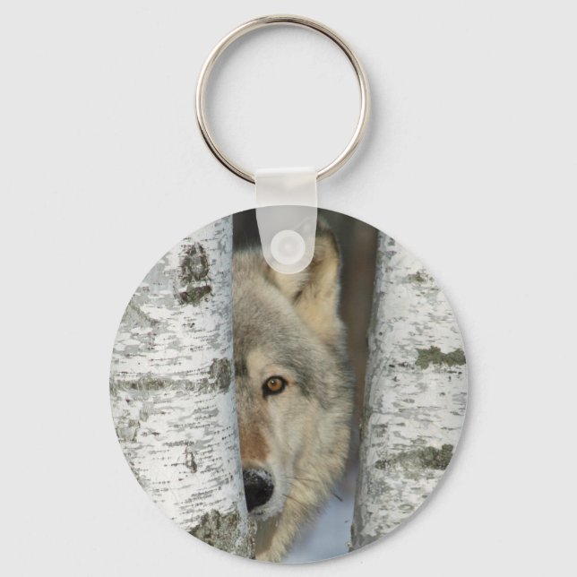 Llavero Keychain con foto de lobo gris en los abedules (Anverso)