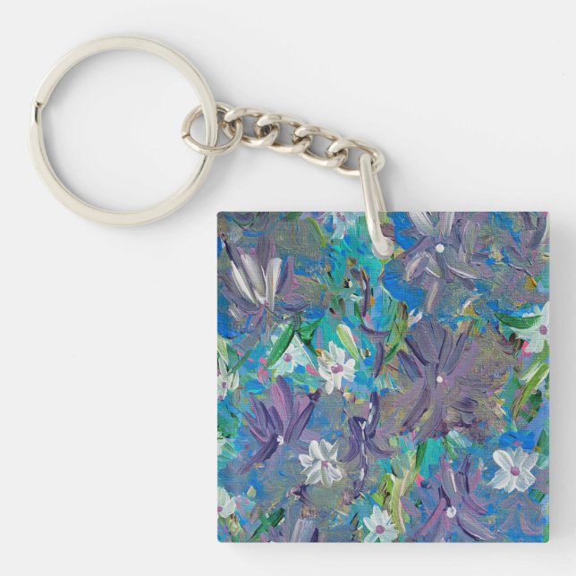 Llavero Keychain cuadrado acrílico floral de niebla púrpur