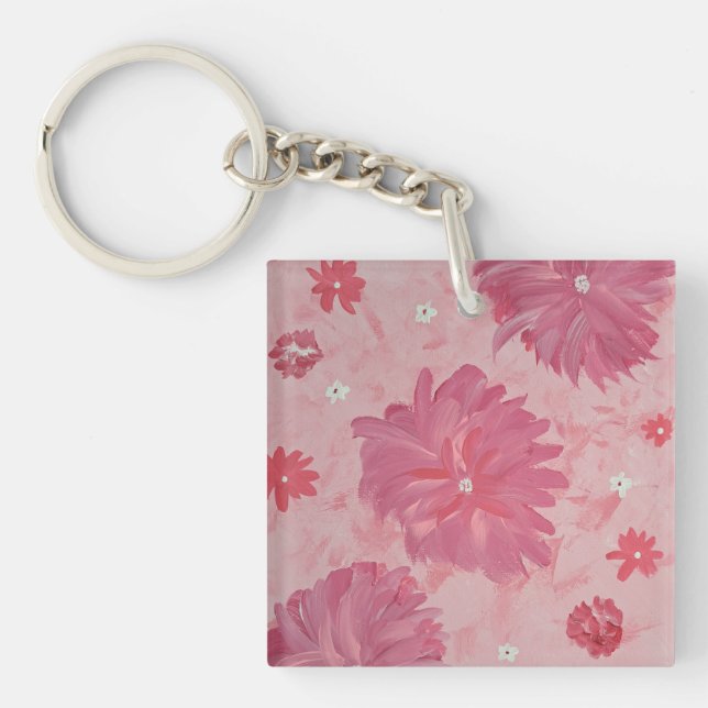 Llavero Keychain cuadrado acrílico floral de peonies rosad (Frente)