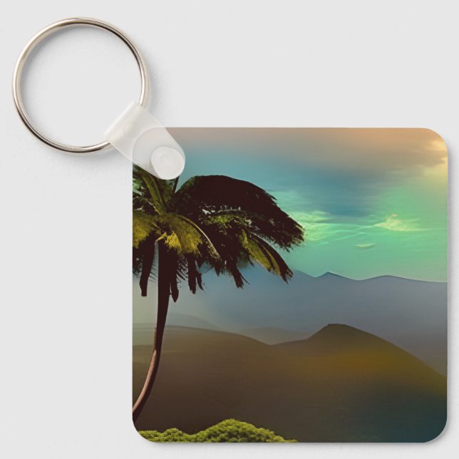 Llavero Keychain cuadrado con árboles tropicales y paisaje (Anverso)