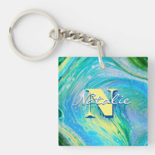 Llavero Keychain de arte de flujo acrílico azul Aqua