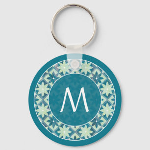 Llavero Keychain de baldosas florales de monograma Aquamar