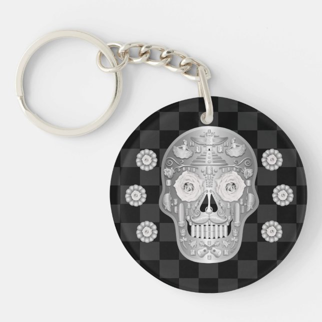 Llavero Keychain de Calavera (rosa blanca) cromada (Frente)