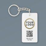 Llavero Keychain de código QR para logotipos comerciales |<br><div class="desc">Cláusula de código QR del logotipo comercial elegante | Blanco negro. Personalice el logotipo y el texto de su personalizado.</div>