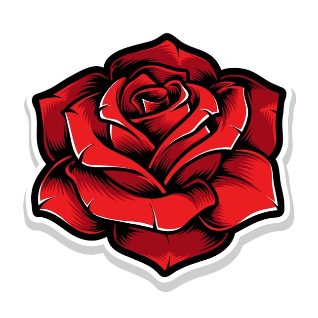 Llavero Keychain de la rosa roja (Illustration of a red rose with a black outline and white highlights, set against a white background)