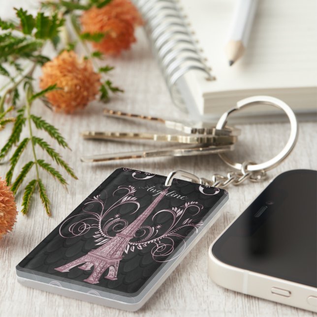 Llavero Keychain de la Torre Eiffel Pink Floral Swirls (Frente Derecha)