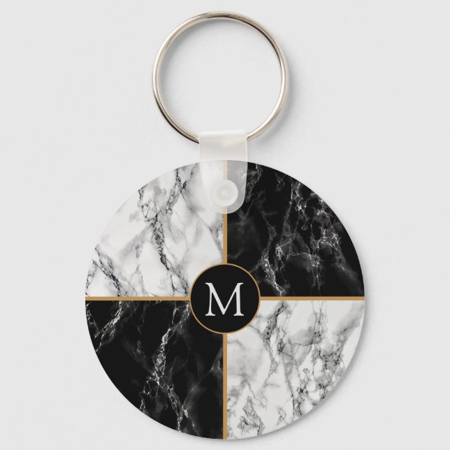 Llavero Keychain de mármol blanco negro - Su carta (Anverso)