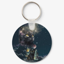Keychain de noche estrellada de gato negro