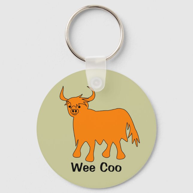 Llavero Keychain de "Wee Coo" Scottish Highland Cow (Anverso)