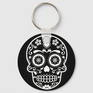 Llavero Keychain del botón del cráneo del azúcar negro y b