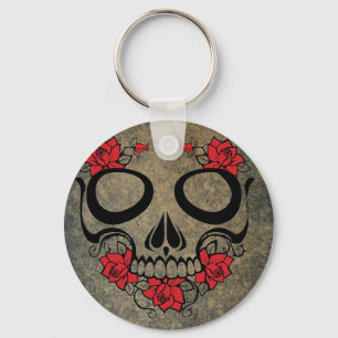 Llavero Keychain del botón rojo del cráneo