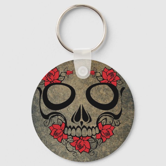 Llavero Keychain del botón rojo del cráneo (Anverso)