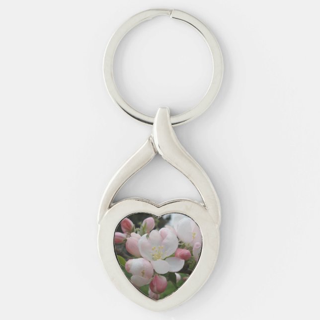 Llavero Keychain del corazón de flores rosadas/blancas (Anverso)
