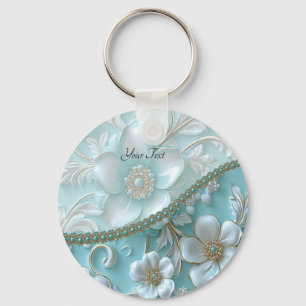 Llavero Keychain floral blanca verde azulada