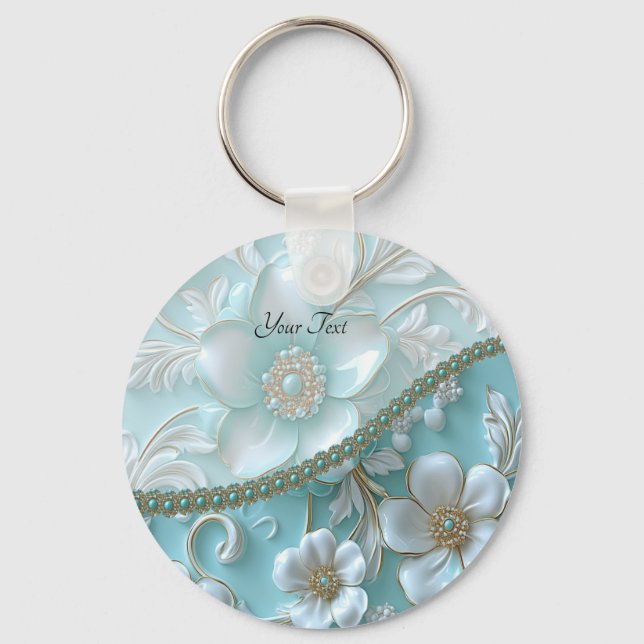 Llavero Keychain floral blanca verde azulada (Anverso)