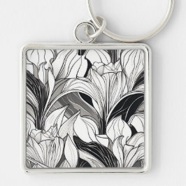 Llavero Keychain floral de estilo Art Deco blanco y negro