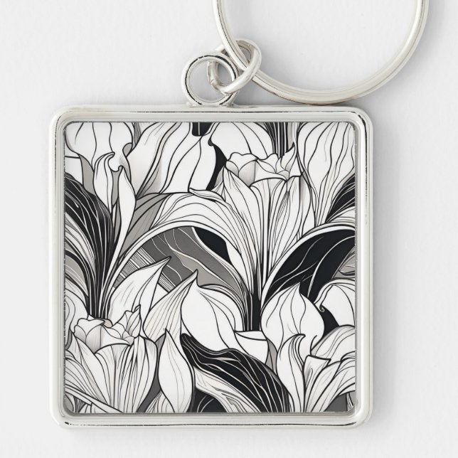 Llavero Keychain floral de estilo Art Deco blanco y negro (Frente)