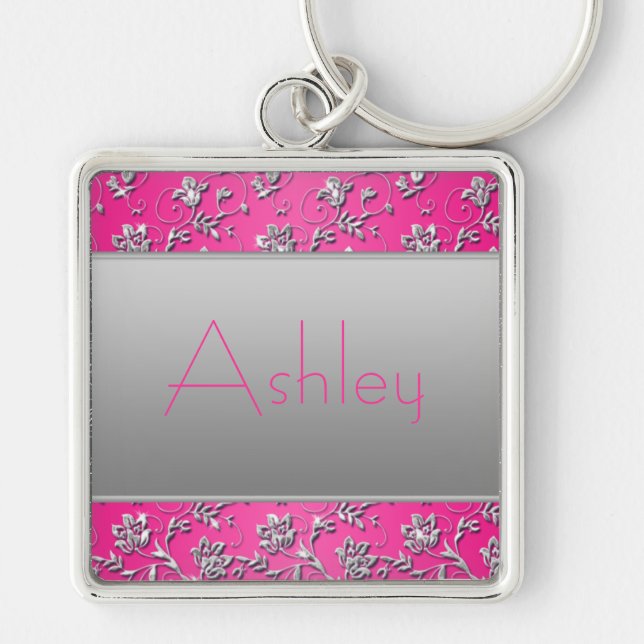 Llavero Keychain floral rosa y plateado con nombre (Frente)