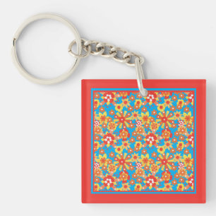 Llavero Keychain: Flores de Naranja Ditzy sobre fondo azul