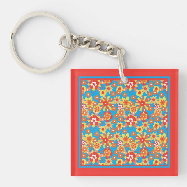 Llavero Keychain: Flores de Naranja Ditzy sobre fondo azul (Frente)