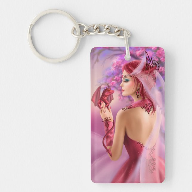 Llavero Keychain Hermosa mujer de fantasía reina y dragón (Frente)