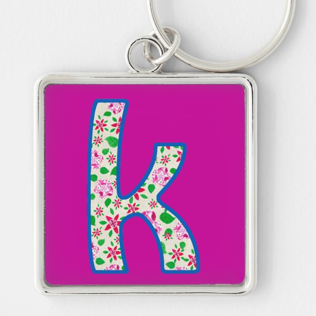 Llavero Keychain monograma K, patrón floral rosado (Frente)