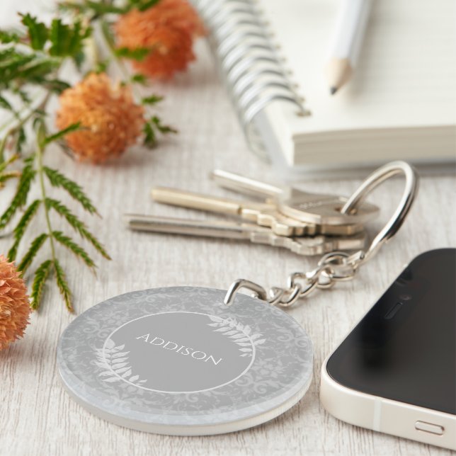 Llavero Keychain personalizada de Damask elegante gris (Frente Derecha)