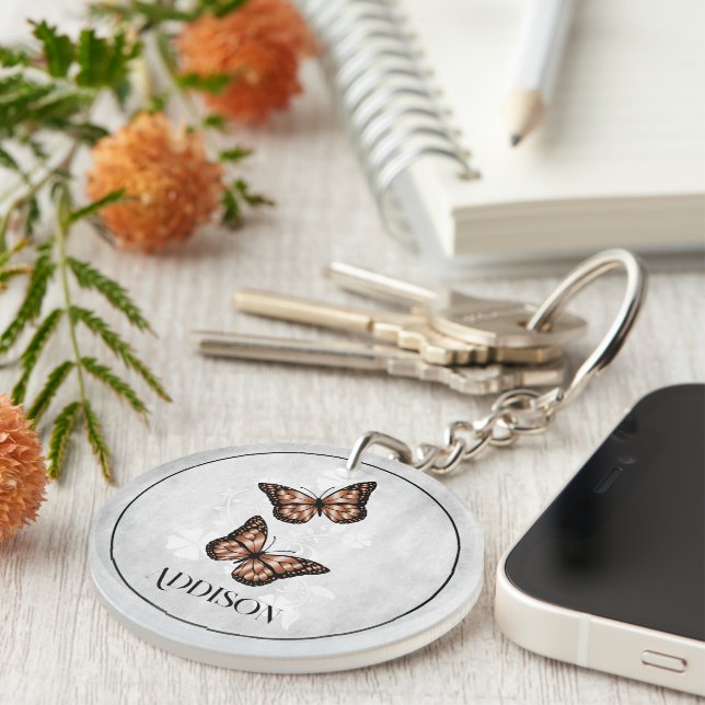 Llavero Keychain personalizada de floral de mariposa de co (Frente Derecha)