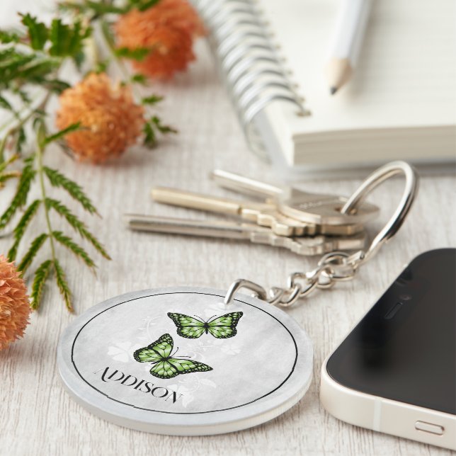 Llavero Keychain personalizada de floral de mariposa verde (Frente Derecha)
