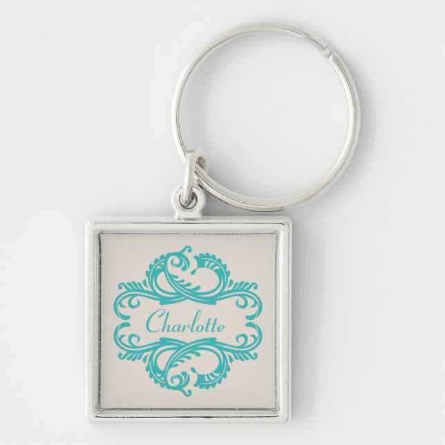 Llavero Keychain Premium de Damask de Moda verde azulada (Frente)
