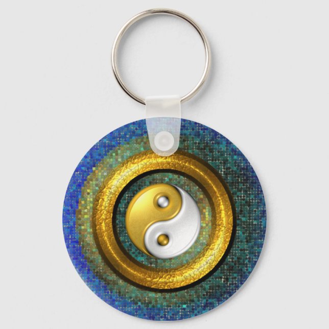 Llavero Keychain Yin-Yang, anillo de oro y mosaico azul (Anverso)