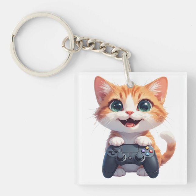 Llavero Kitten Holding Game Controller Smiling Gamer Cat I (Frente)