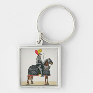 Llavero Knight en la armadura en su caballo, placa 'de un