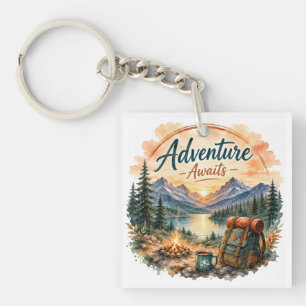 Llavero La aventura espera Camping Lago de Montaña Atardec