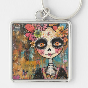 Llavero La Catrina Esqueleto con Corona de Flores