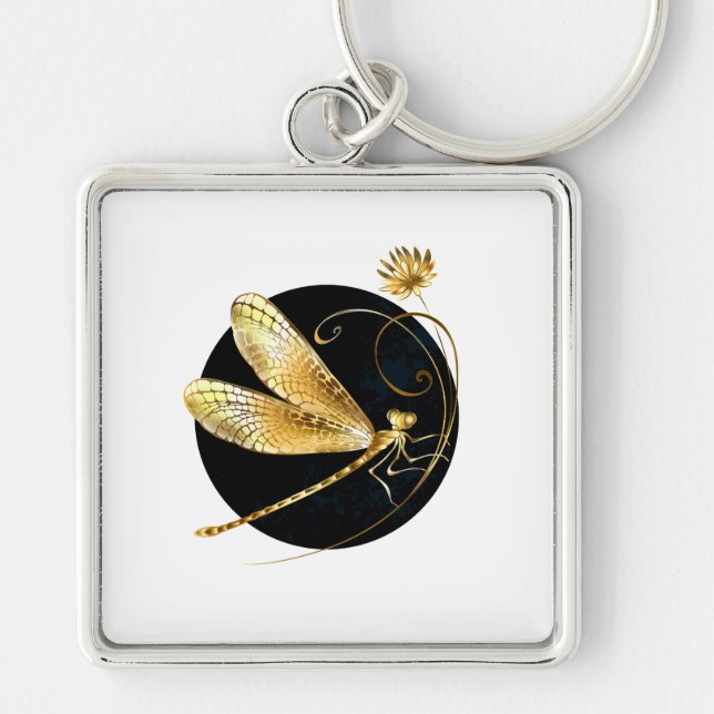 Llavero La libélula dorada en círculo negro (Frente)