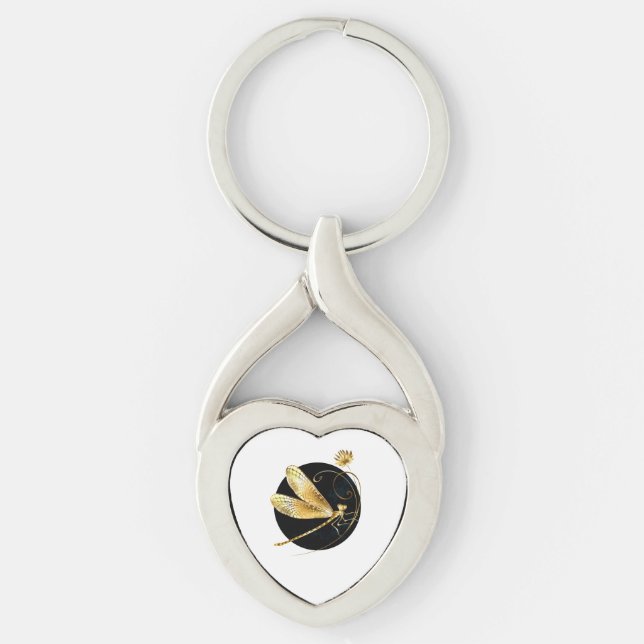 Llavero La libélula dorada en círculo negro (Anverso)