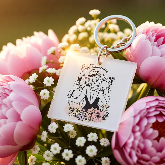 Llavero La mejor madre, mamá, niños y flores (Best Mom Ever Floral Mother & Kids Illustration Keychain)