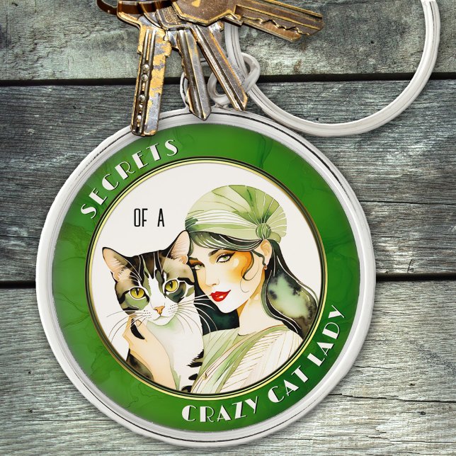 Llavero La misteriosa acuarela loco Gato Lady Keychain (Keychain featuring a watercolor painting in art deco Gatsby style of a mysterious lady with her cat )